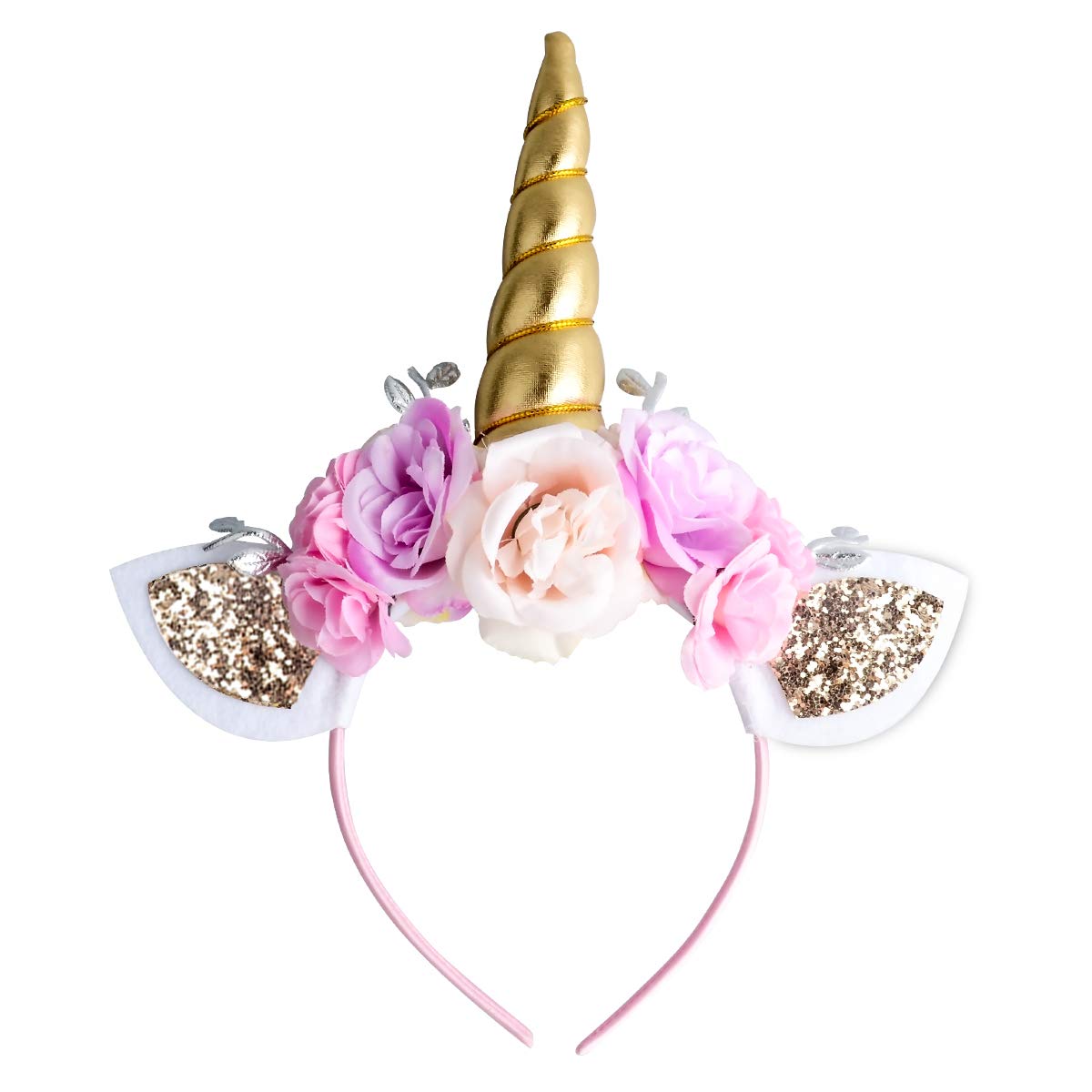 AHIER Unicorn Headband Gold Horn for Unicorn Birthday Party Decorations Supplies Flowers Cat Ear Head (Unicorn Headband)