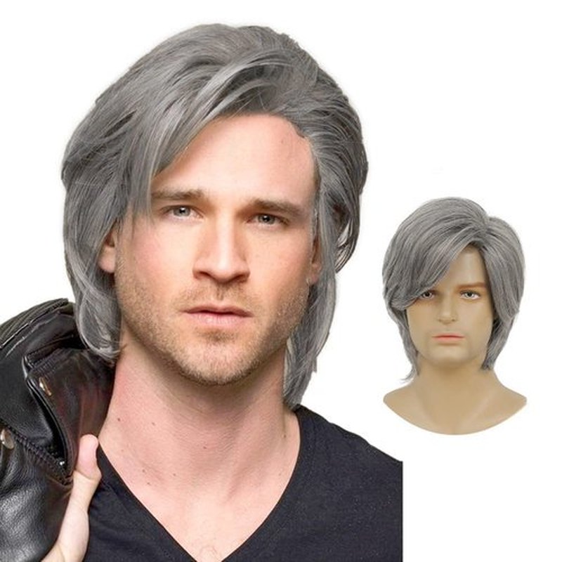 Swiking Men Grey Wigs Short Straight Layered Hair for Male Guy Fluffy Natural Hair Synthetic Halloween Cosplay Costume Wigs (Grey)