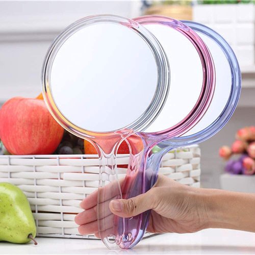 TOPYHL Makeup Hand Mirror, Double-Sided 3X 1x Magnifying Large Travel Handheld Mirror Cosmetic Mirror Acrylic Clear Finish Round Mirror (Purple)