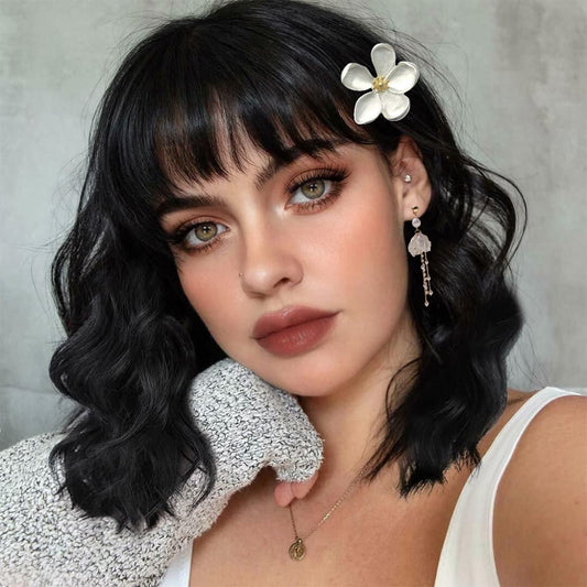 NOBLE Short Black Wig with Bangs Bob Curly Wavy Wigs with Bangs for Women Natural Black Heat Resistant Synthetic Fiber Wigs for Daily Party Cosplay Costume Wigs
