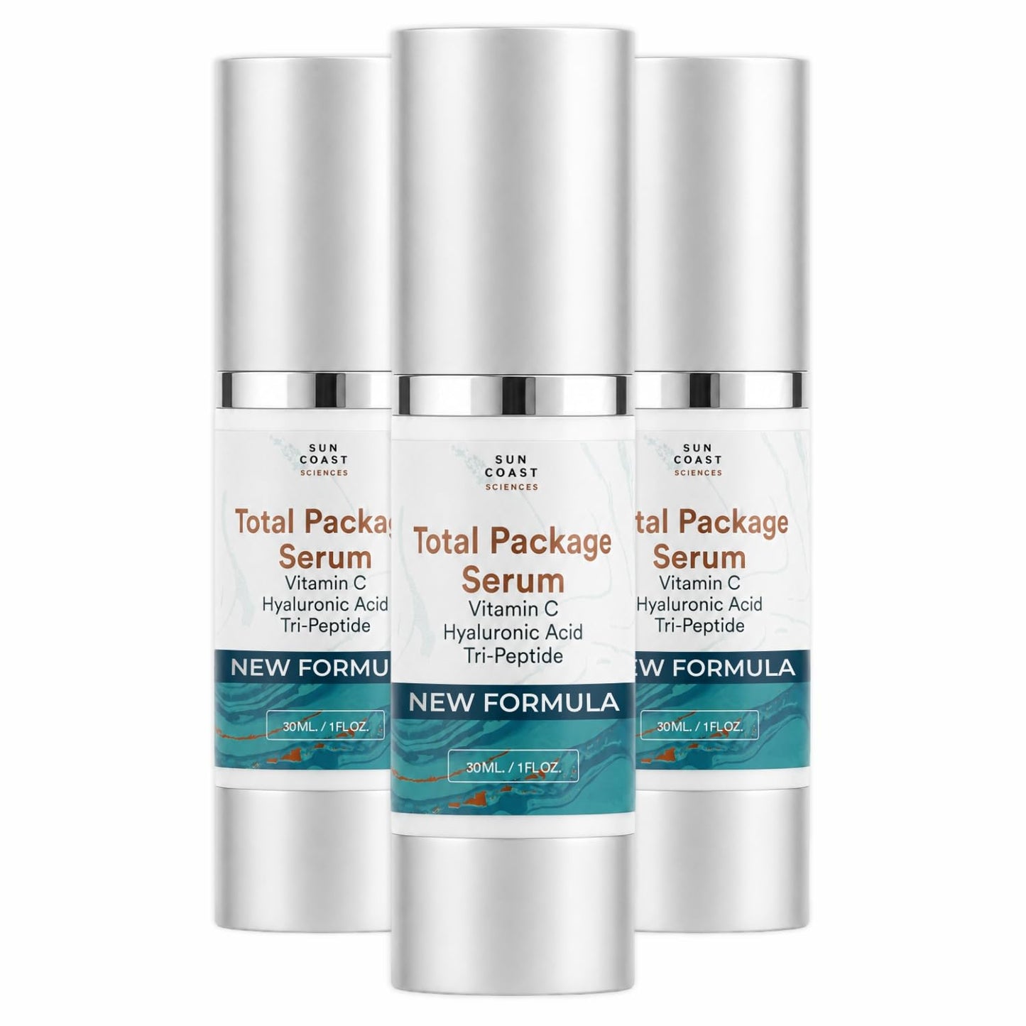 Sun Coast Sciences - Total Package Serum - Vitamin C Serum with Hyaluronic Acid & Peptides for Face - Hydrating Anti Aging Face Serum for Smoother, Firmer Looking Skin - 1 Fl Oz (Pack of 3)