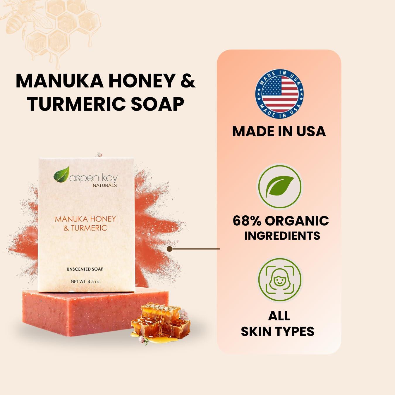 Manuka Honey & Turmeric Soap with Organic Aloe Vera & Shea Butter. 3 Pack