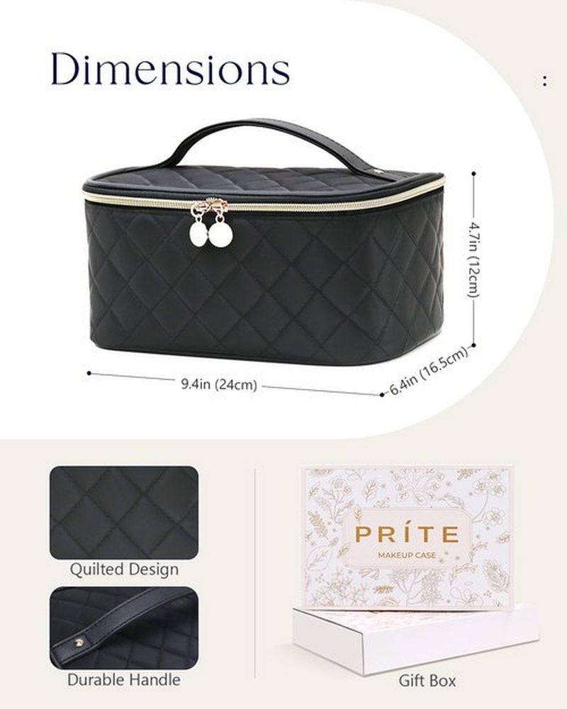 Prite Makeup Bag, Large Capacity Portable Travel Cosmetic Bag, Waterproof Makeup Organizer for Women with Handle and Divider(Black Rhombus)