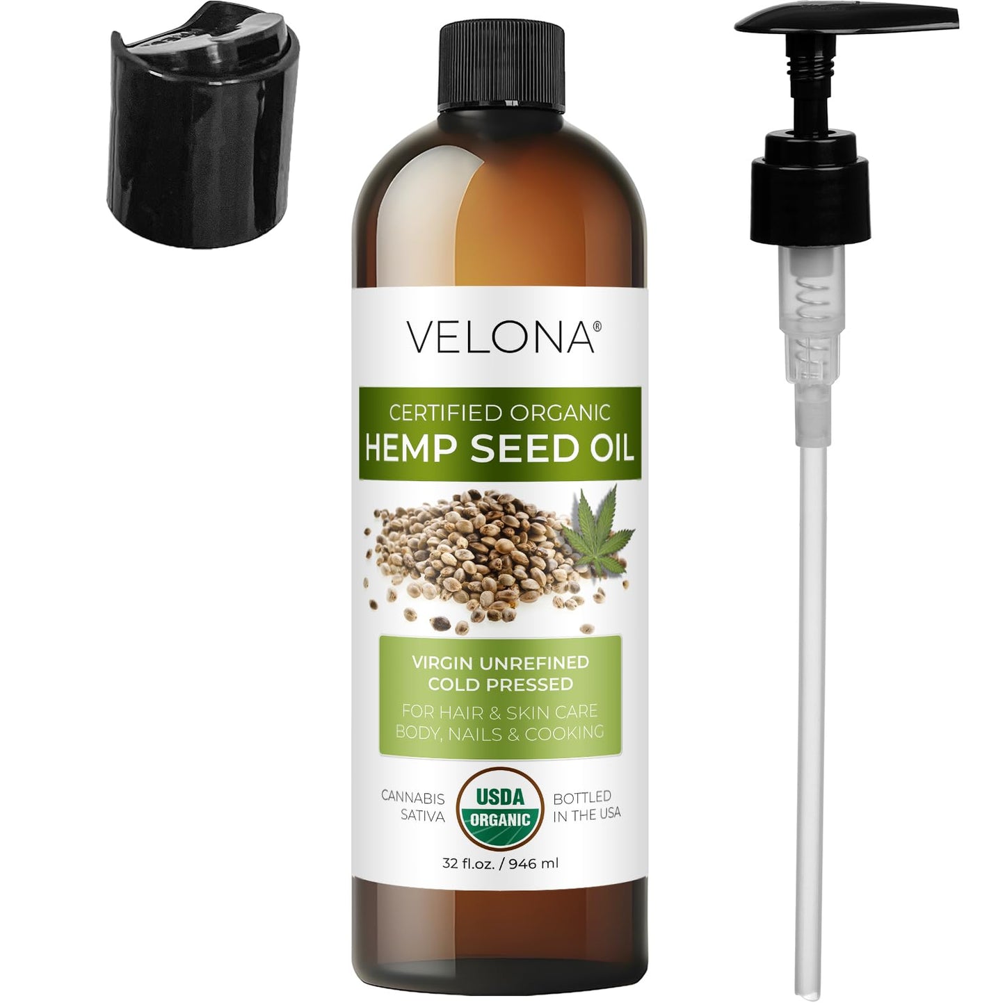 velona USDA Organic Hemp Seed Oil - 32 fl oz, Cold Pressed, with Pump