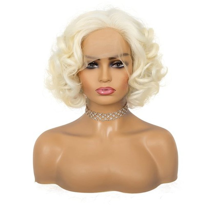 Amnenl Short Curly Blonde Lace Front Wig Blonde Short Bob Synthetic Hair Natural Hairline Platinum Wigs for Women