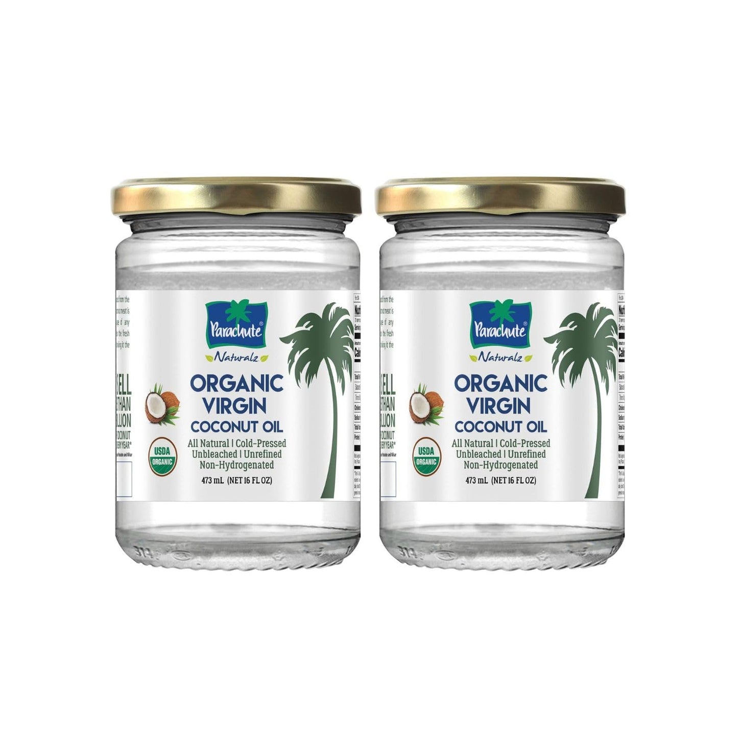 Parachute Naturalz Organic Virgin Coconut Oil | Cold Pressed | Unbleached | Unrefined | Non-Hydrogenated | MCT Oil | USDA Certified |16 Fl. Oz | Glass Jar | Pack of 2