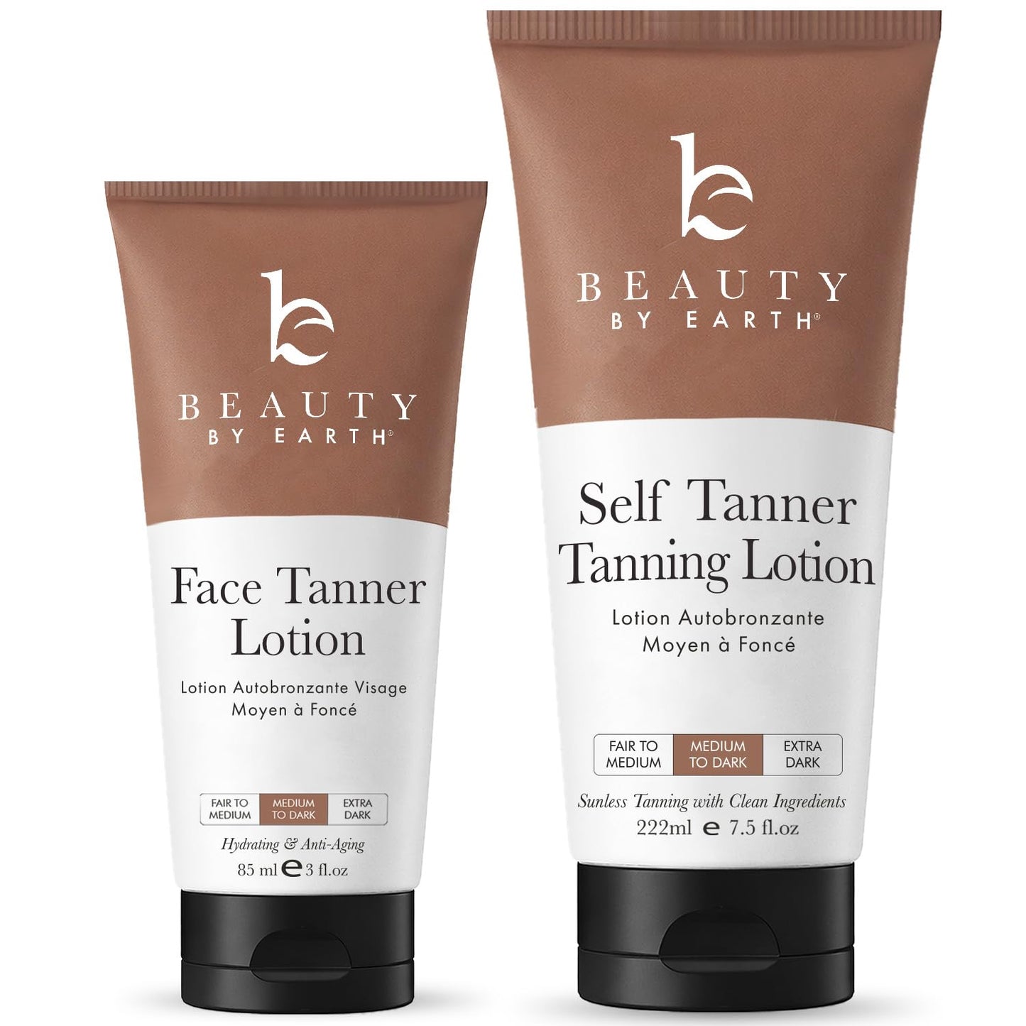 Self Tanner Face & Body - With Organic Aloe Vera & Shea Butter, Sunless Tanning Lotion, Bronzer Buildable Light, Medium or Dark Tan, Fake Tan Self Tanners Best Sellers, 7.5oz (body) 3oz (face)
