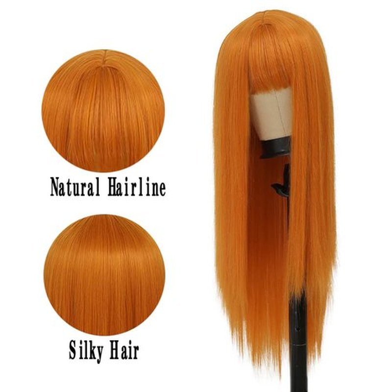 Kaneles Orange Long Straight Wigs for Women with Bangs Heat Resistant Synthetic Fiber Hair Cosplay Party Wigs
