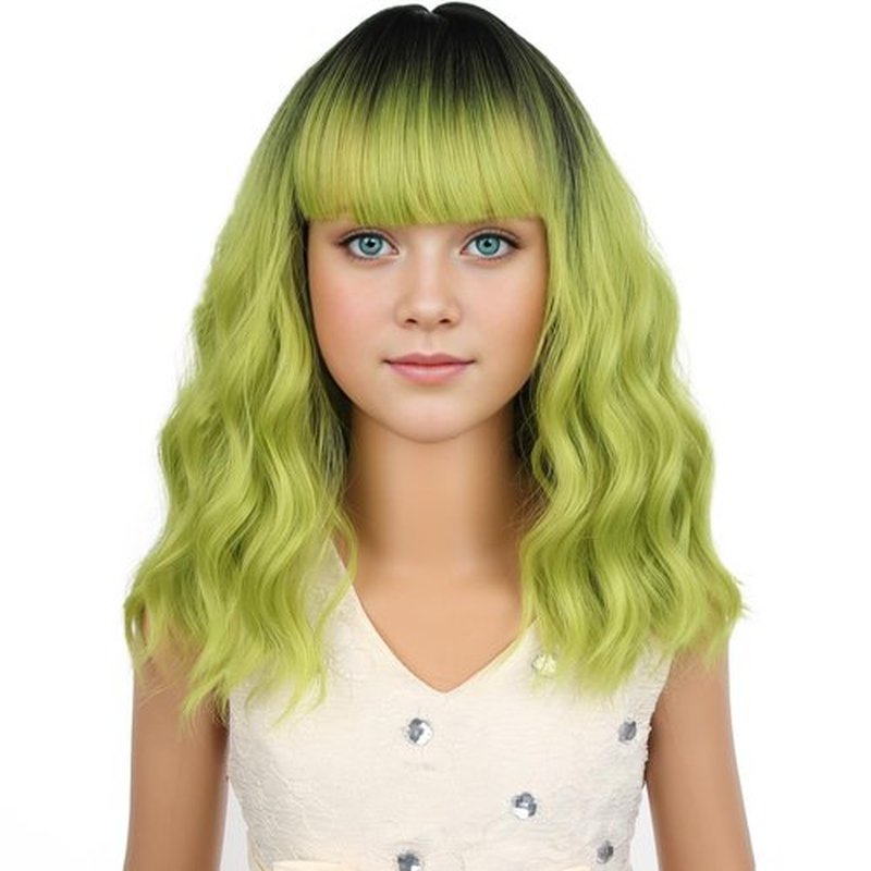 PATTNIUM Kids Ombre Green Wig Short Ombre Green Wig for Girls Green Bob Wig with Bangs Child Curly Wavy Synthetic Wig with Wig Cap