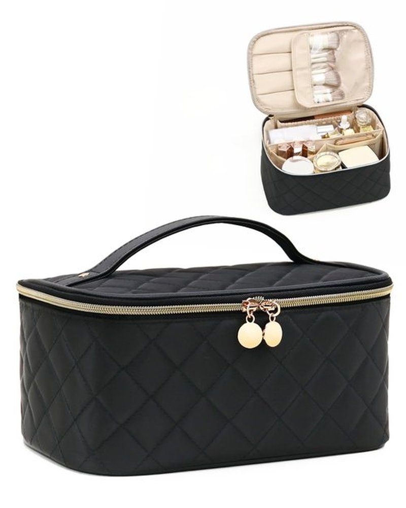 Prite Makeup Bag, Large Capacity Portable Travel Cosmetic Bag, Waterproof Makeup Organizer for Women with Handle and Divider(Black Rhombus)