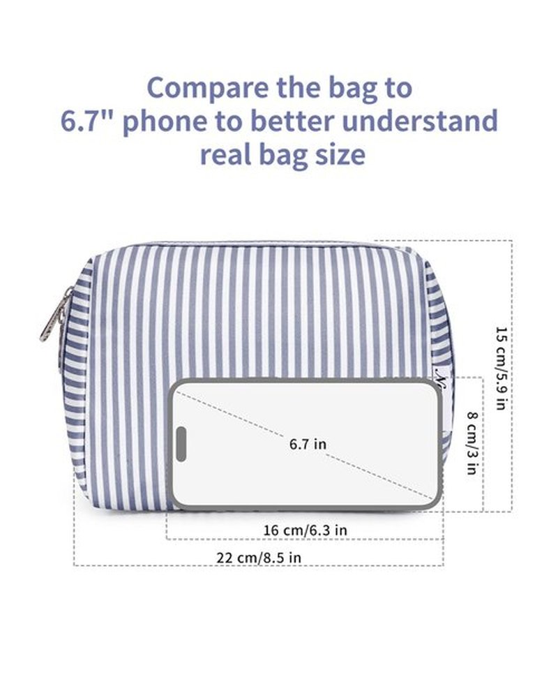 Narwey Cute Stripe Makeup Bag Travel Cosmetic Bag Organizer Toiletry Bag Make Up Bags with Compartments for Women (Large, Greyish Blue Stripe)