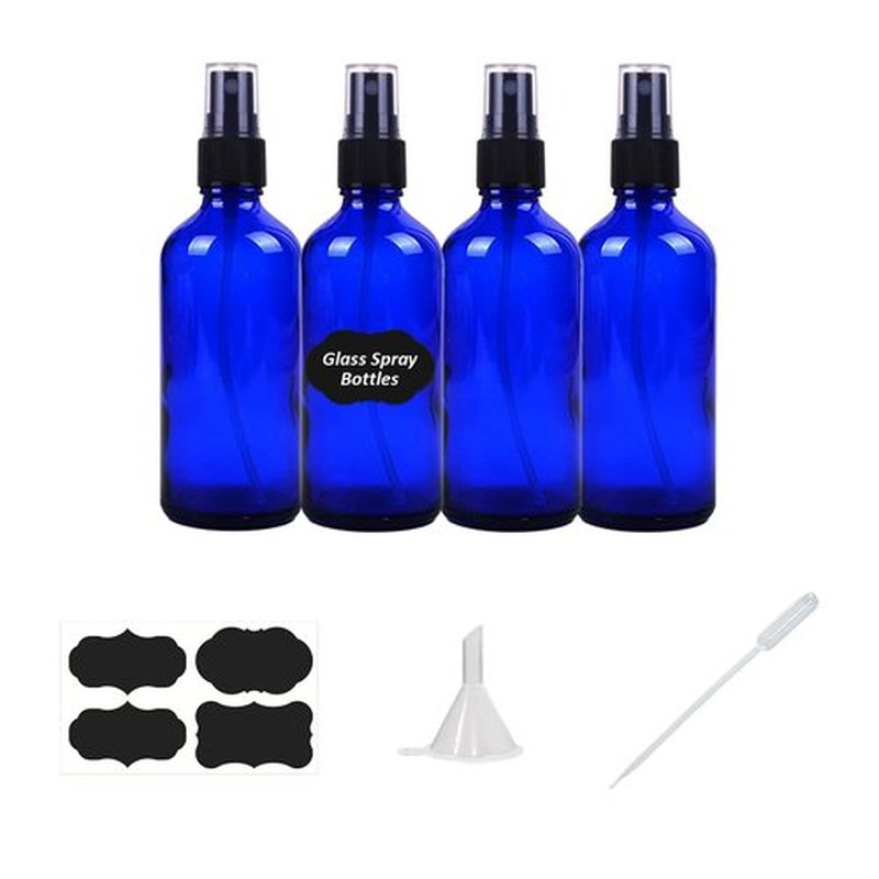 YUNFOOK 4 oz Blue Glass Spray Bottles for Essential Oils, Small Empty Fine Mist Spray Bottle,2 Pack with Funnel Dropper