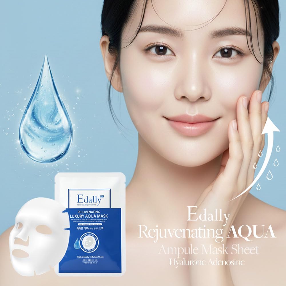 Edally EX Rejuvenating Luxury Aqua Mask - Premium K-Beauty Hyaluronic Acid Facial Sheet Mask for Dry Skin - Deep Hydration, Plumping & Soothing Care - [10 Sheets/Box]