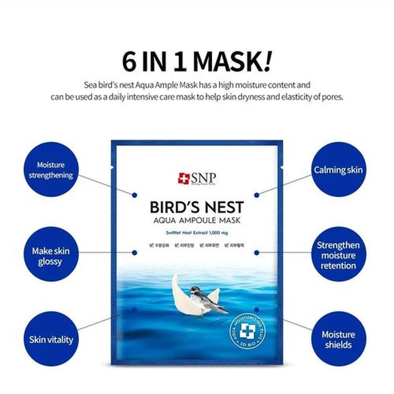 [K Beauty Snp] Bird's Nest Ampoule Sheet Mask | Hyaluronic Acid Sheet Mask | Maximum Hydration and Protection for All Dry Skin Types | Korean Skincare Facial Mask | 10 Sheets