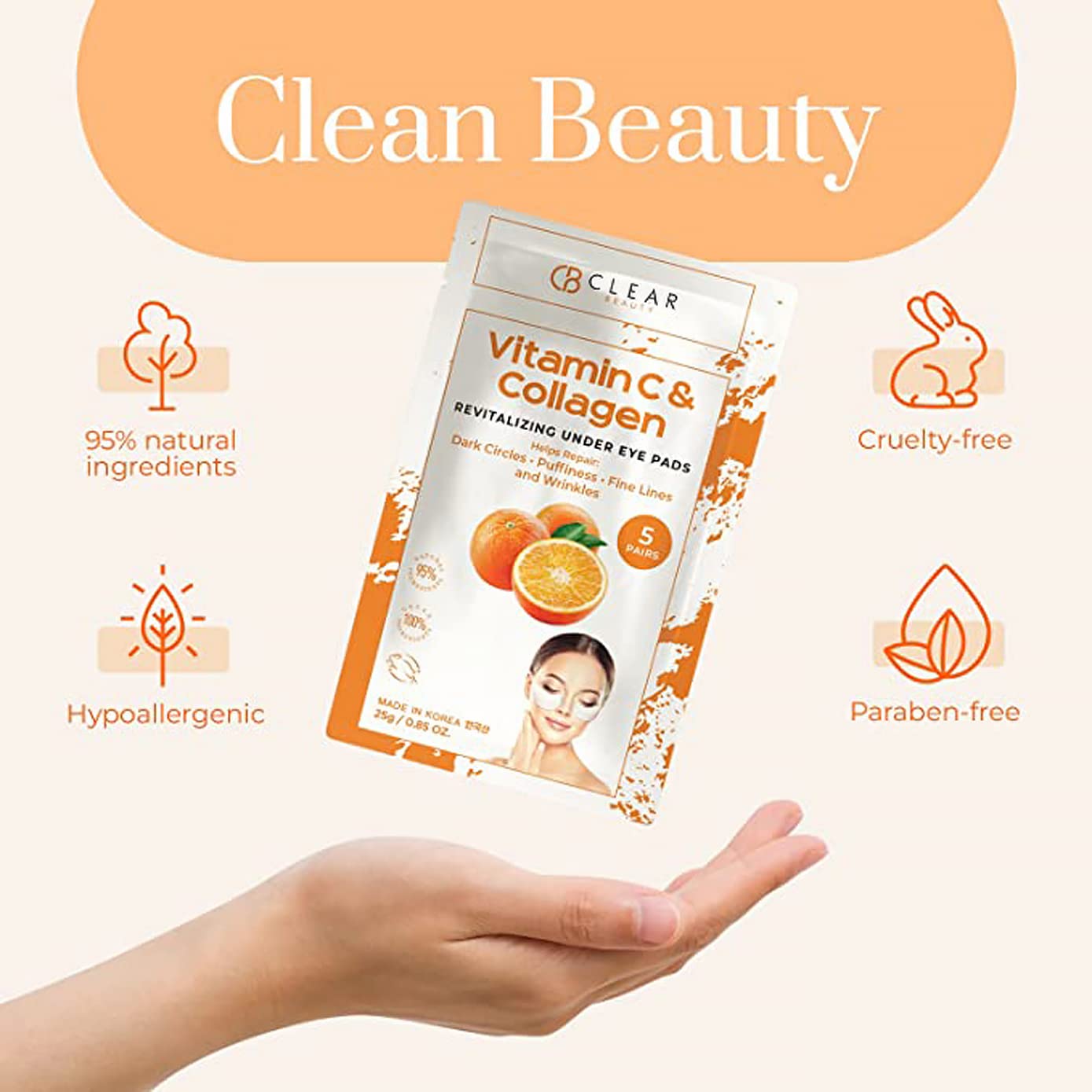 Clear Beauty Vitamin C & Collagen Under Eye Patches – Reduces Dark Circles, Puffiness & Fine Lines – Hydrating & Firming Eye Pads – Dermatologist Tested, Korean Skin Care, Vegan Clean Beauty – 5 Pack