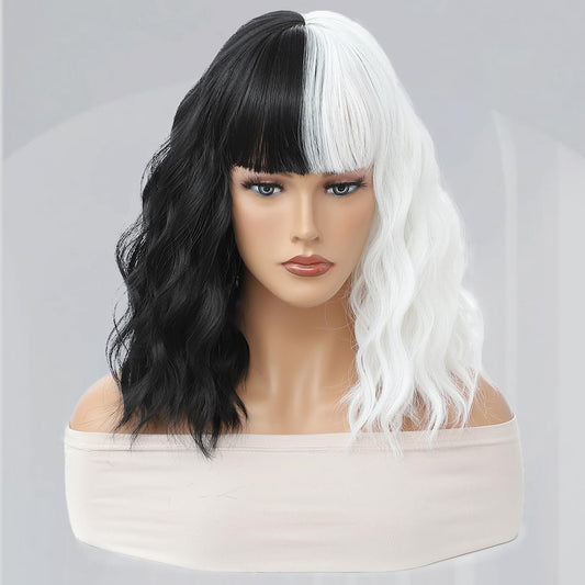 Black and White Wig, Halloween Wigs for Women, Short Bob Wavy Wig with Bangs Loose Curly Shoulder Length Wig Synthetic Cosplay Wig for Girl Colorful Cosplay Wigs Half Black and Half White 14 Inch