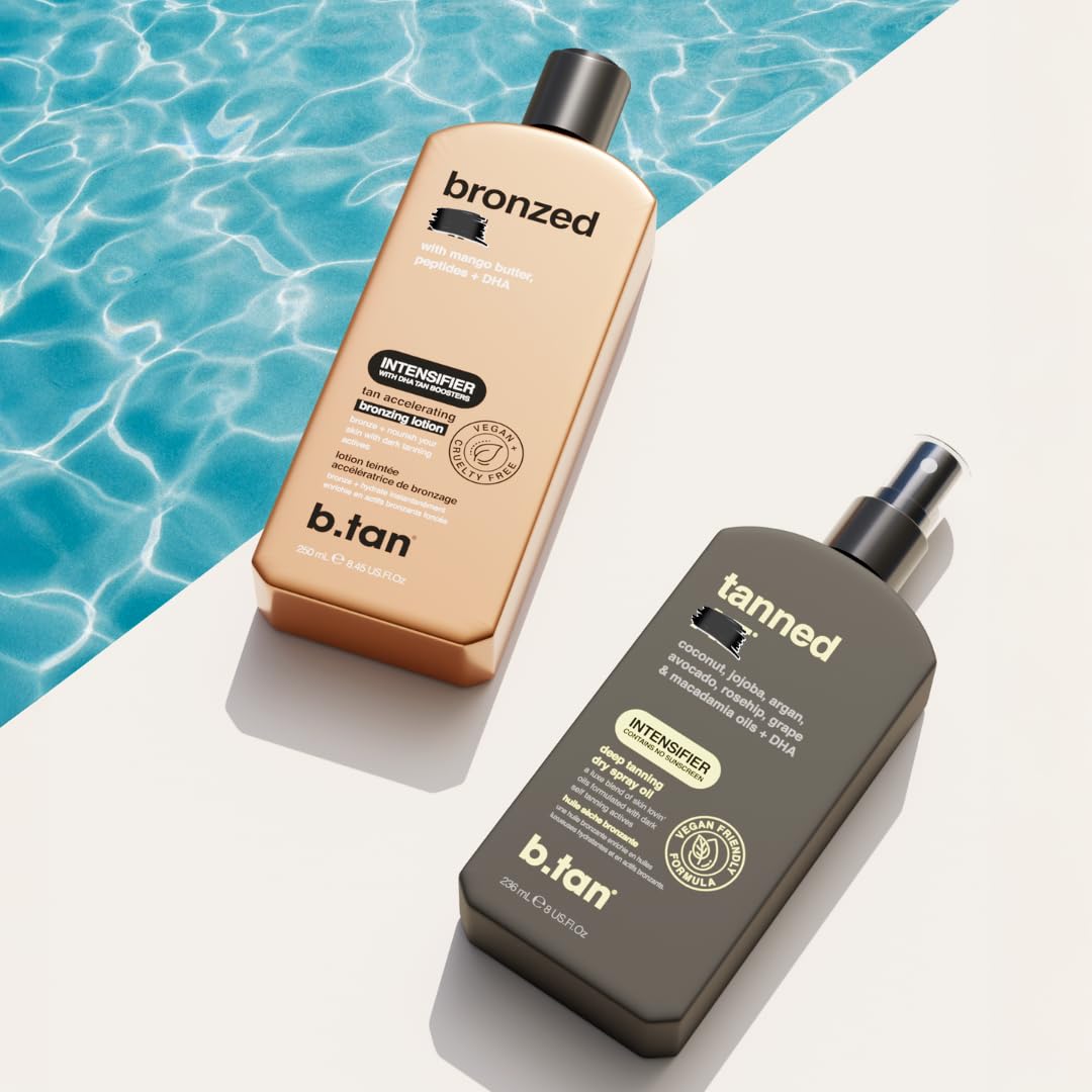 b.tan Best Tanning Oil | Get Tanned Intensifier Dry Spray - Fast, Dark Outdoor Sun Tan From Tan Accelerating Actives, Packed with Moisturizing Oils, No SPF, Austrailian Brand, 8 Fl Oz