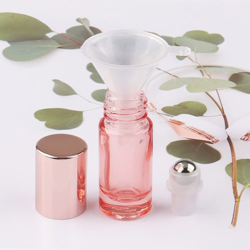 Newzoll 10 Pcs Roll-on Bottles Set, 5 ml (1/6 oz) Refillable Roller Bottles with Funnels & Opener, Glass Roll on Bottles Containers for Perfumes Aromatherapy Essential Oils Liquid, Rose Gold