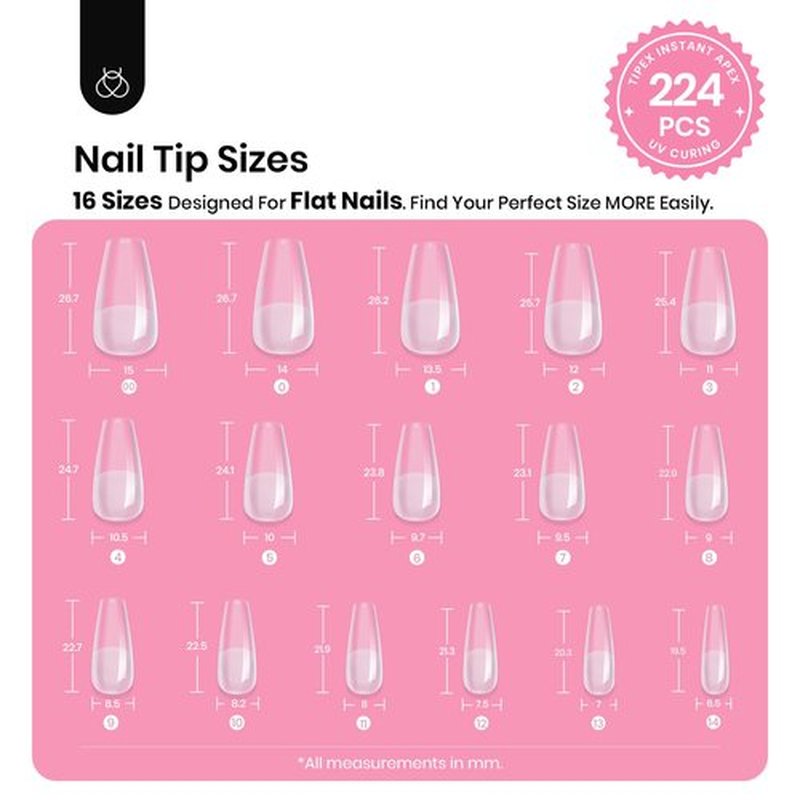 Beetles Tipex Gel Nail Kit: Medium Coffin Nail Tips C Curved Fake Tips, Pre Building Fake Nails with Uv Nail Glue，LED Nail Lamp, Base Coat, Nail File Available for Home DIY or Salon Use 224PCS 16Sizes