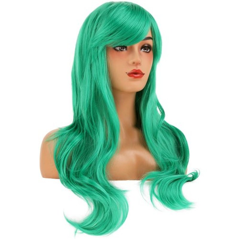 BERON Green Wigs Long Curly Wavy Women Wigs with Bangs Colored Wave Heat Resistant Synthetic Wigs for Cosplay Daily Wigs Wig Cap Included