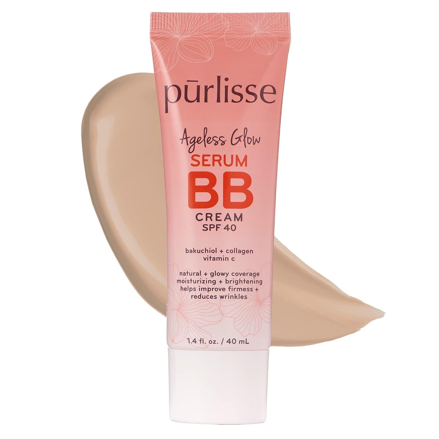 pūrlisse Ageless Glow Serum BB Cream SPF 40 - Glowy Tinted Moisturizer with SPF - Korean Skin Care Formula with Vitamin C & Bakuchiol to Firm, Brighten & Even Skin - Light (1.4 oz)