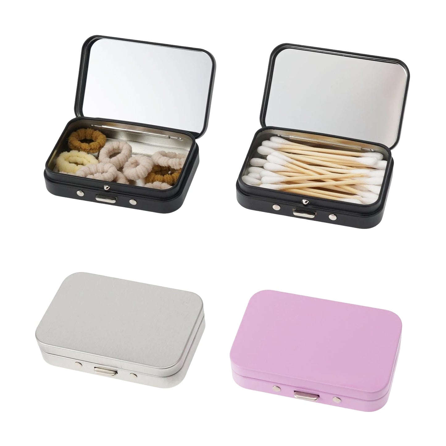 LIGHUFEIC 4Pcs Qtip Holder Hair Tie Containers with Mirror,Travel Cotton Swab Holder Flosser Dispenser,Small Travel Containers for for Travel, Dates,Dinners and Hotels(2 Black, 1 Silver, 1 Pink)