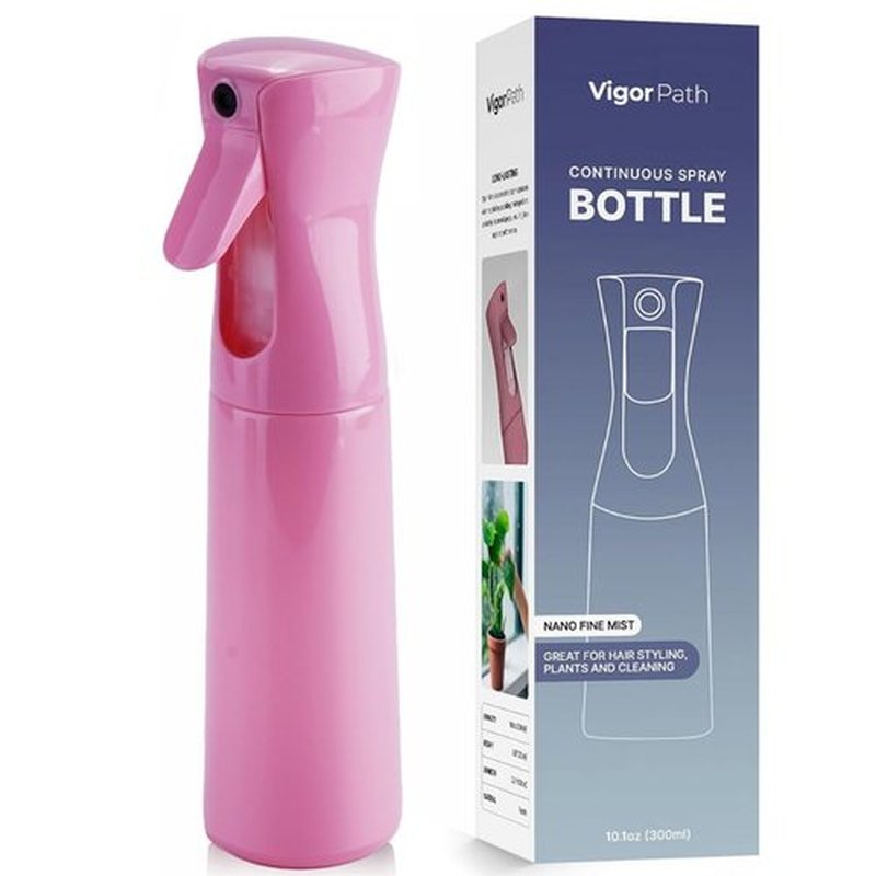 VIGOR PATH Continuous Spray Bottle with Ultra Fine Mist - Versatile Water Sprayer for Hair, Home Cleaning, Salons, Plants, Aromatherapy, and More - Empty Hair Spray Bottle - 300ml/10.1oz (Pink)