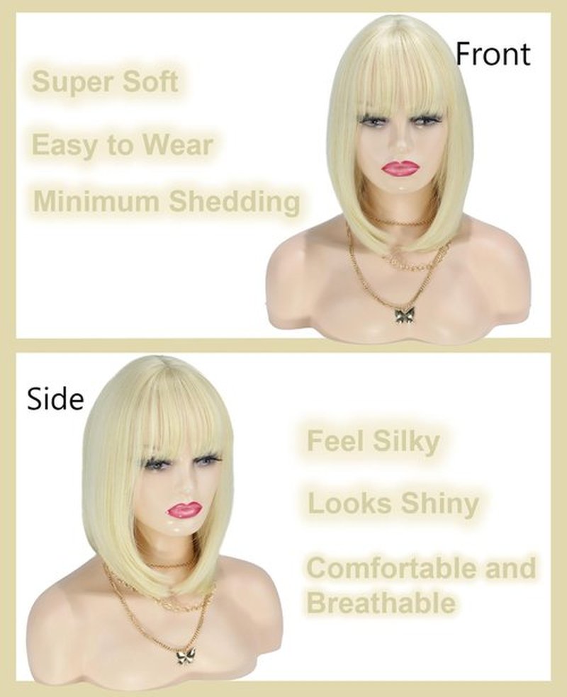 MaxlaceWig Blonde Wig with Bangs for Women, 12 Inch Straight Short Blonde Bob Wig, Synthetic Colorful Bob Wigs, Natural Looking Heat Resistant Fiber Bob Wig for Girls Daily Party Use,Cosplay Wig