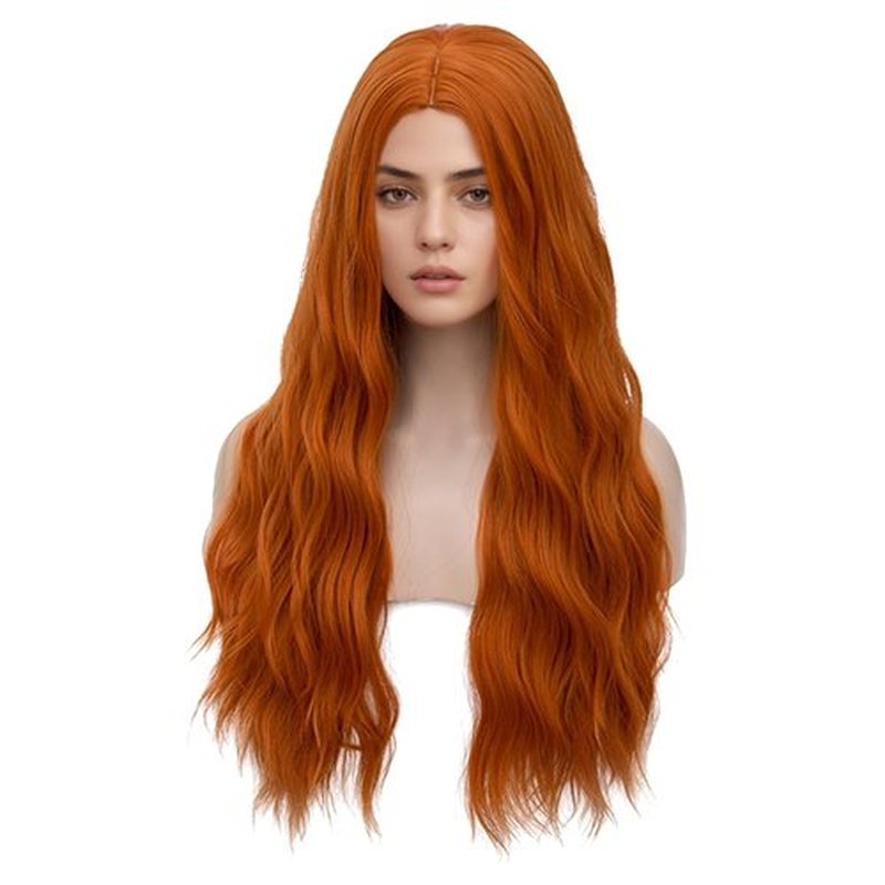 MAGQOO Dark Orange Wig Middle Part 28 Inches Long Curly Wavy Wig Dark Orange Hair Wigs Women Girls Synthetic Halloween Costume Cosplay Wig with Wig Cap(Dark Orange)