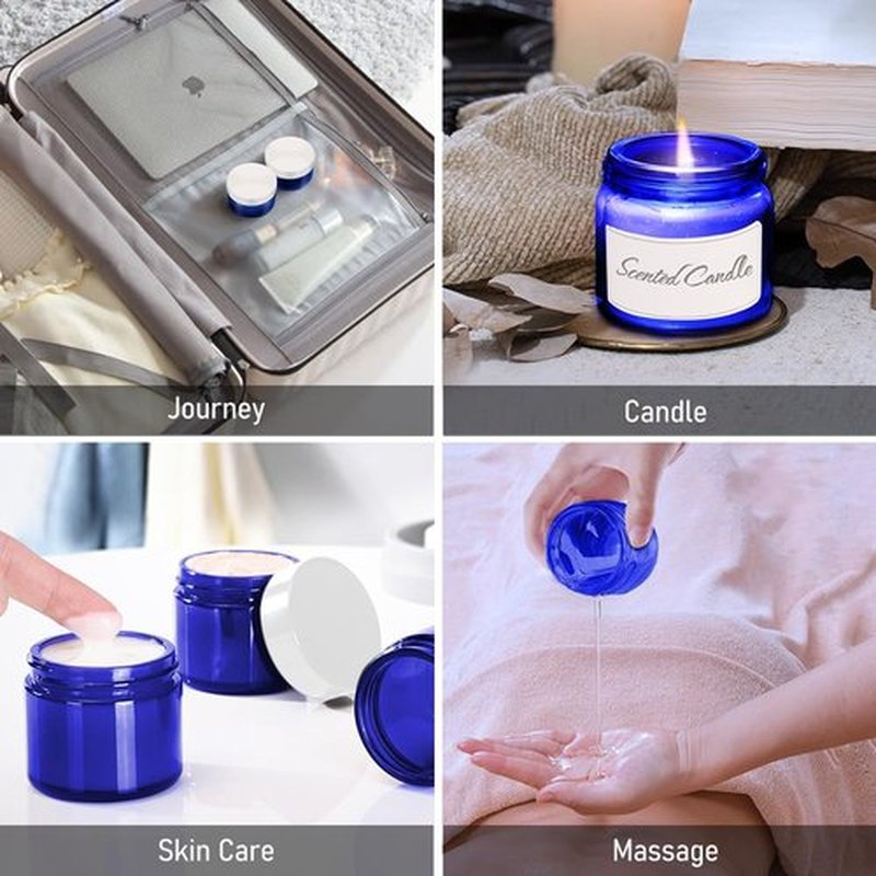 2 oz Glass Jars with Lids, Bumobum 3 pack Small Jar with White Lids, Blank Labels & Inner Liners, 60 ml Empty Round Cosmetic Containers for Sample, Powder, Cream, Lotion, Spice Cobalt Blue