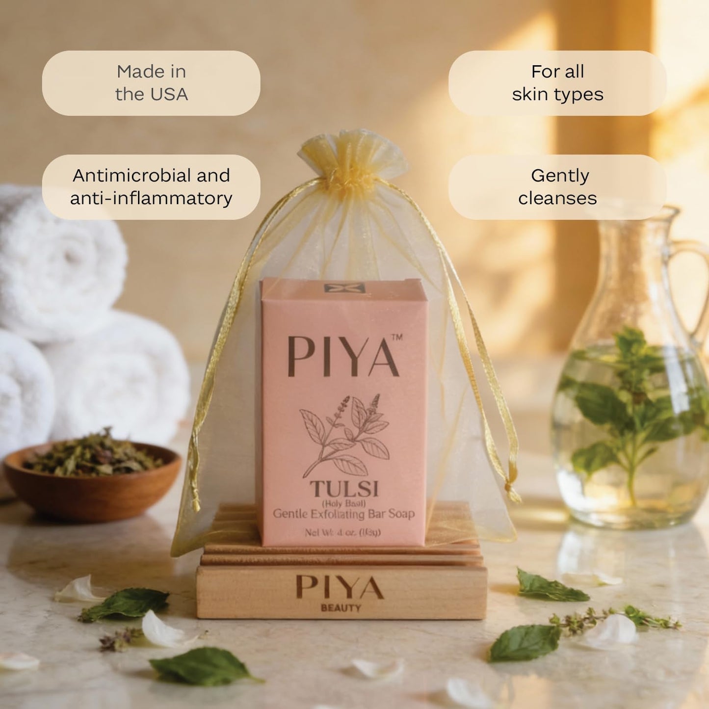 Piya Tulsi Gentle Exfoliating Bar Soap – Purifying & Calming Face & Body Cleanser with Holy Basil & Pink Clay