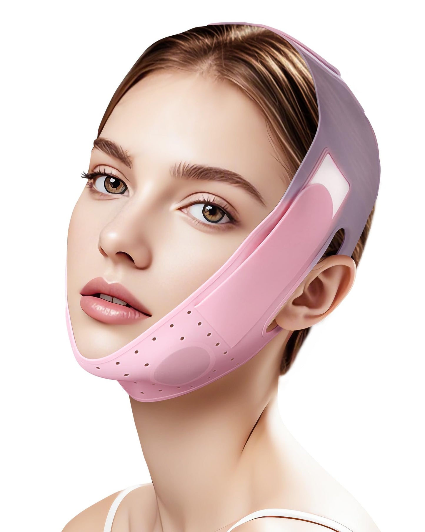 Reusable V-Line Sculpting Face Mask – Silicone Chin Strap for Jawline Tightening & Double Chin Reduction (23-27 Inches) (Pink) -01