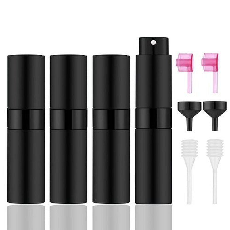 IRON BILL 4 PCS/8ml Portable Mini Perfume Atomizer Bottles, Empty Refillable Spray Bottle with 3 Types of Refill Tools, Pocket Travel Perfume Sample Bottles(Matte Black)