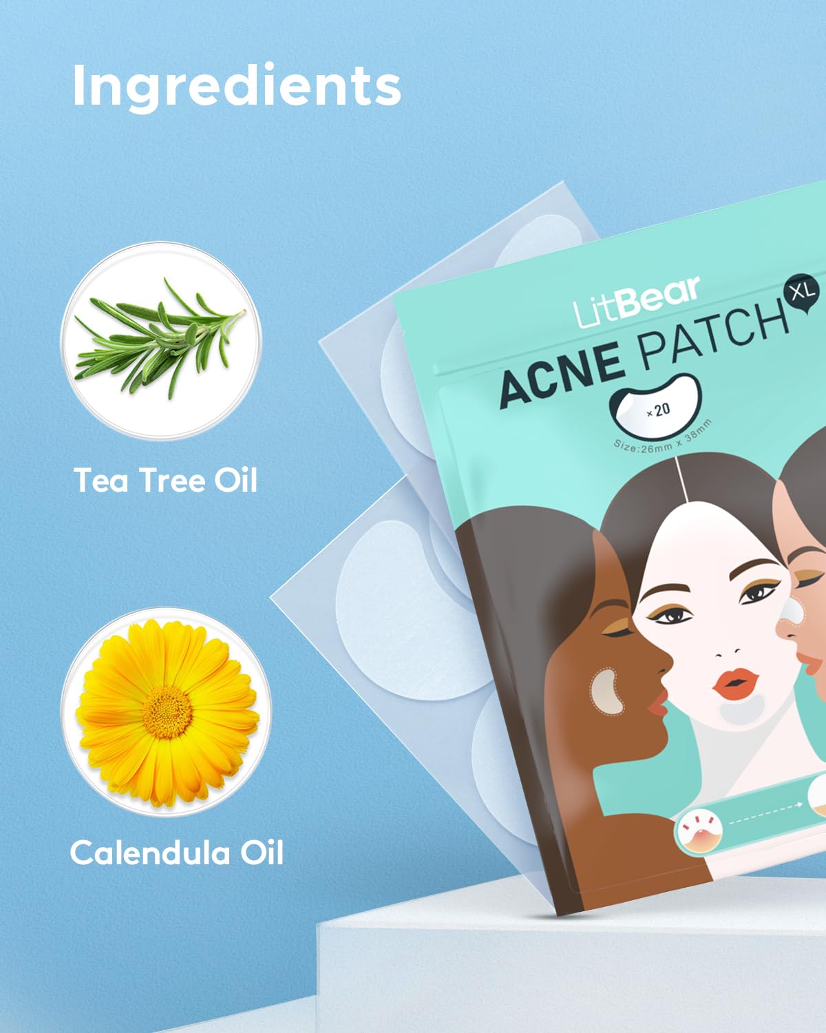 LitBear Acne Patches for Large Breakouts, Hydrocolloid Pimple Patches for Zit and Blemish, Face, Chin, Back and Body With Tea Tree Oil