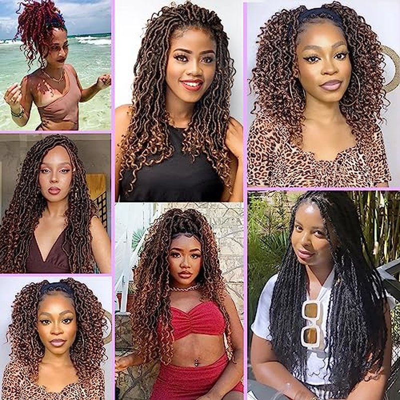 Leeven 30 Inch Ombre Burgundy Goddess Faux Locs Crochet Hair Crochet Soft Locs Hair With Curly Ends 7 Packs Synthetic Bohemian Locs Crochet Braiding Hair for Women TBUG# 12 Strands/Pack