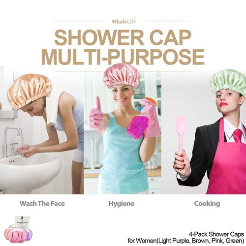 Shower Cap for Women Reusable Extra Large Shower Caps for Men Satin Double Layer EVA Waterproof Long Hair Caps(Light Purple, Brown, Pink, Green 4 Pack)