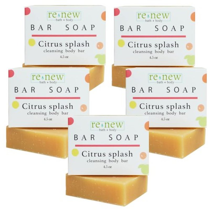 renew bath + body Natural Bar Soap, Citrus Splash, Handmade in the USA by Cold Process with a Moisturizing Oil Blend Infused with Shea Butter - 5 Pack, 4.5 ounce bars