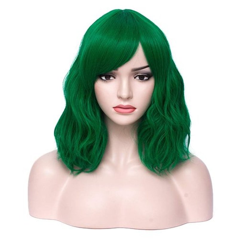 BERON 14 Inches Dark Green Wig Women’s Green Curly Wig with Bangs Green Wig for Women Halloween Cosplay Wig for Daily Use Synthetic Wigs (Dark Green)