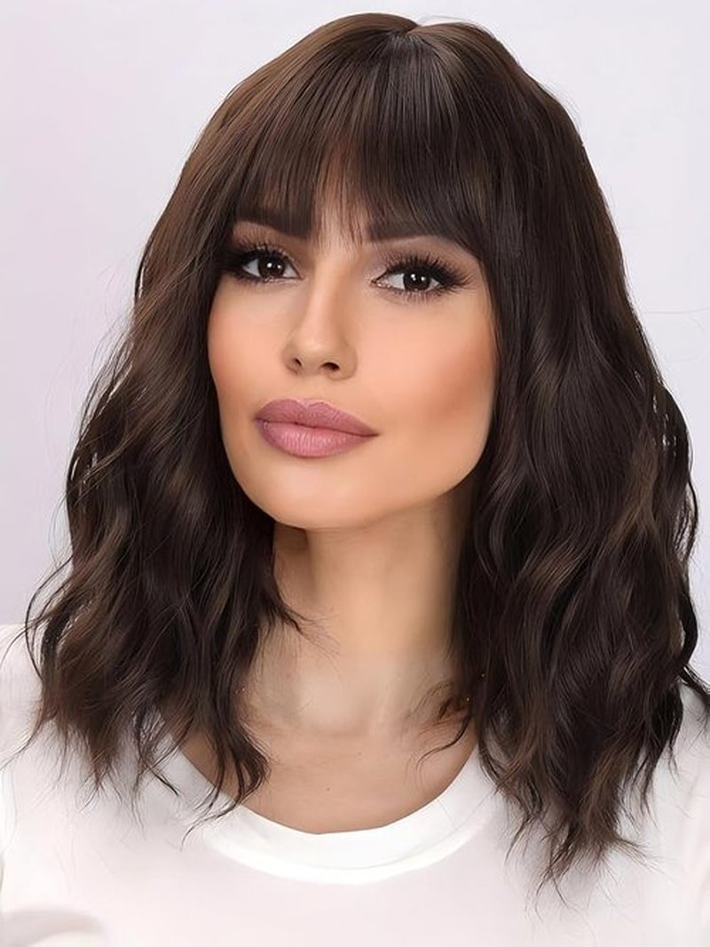 Short Brown Wig with Bangs Curly Bob Wigs for Women Natural Brown Hair Replacement Wigs Cosplay Costume Halloween Wigs