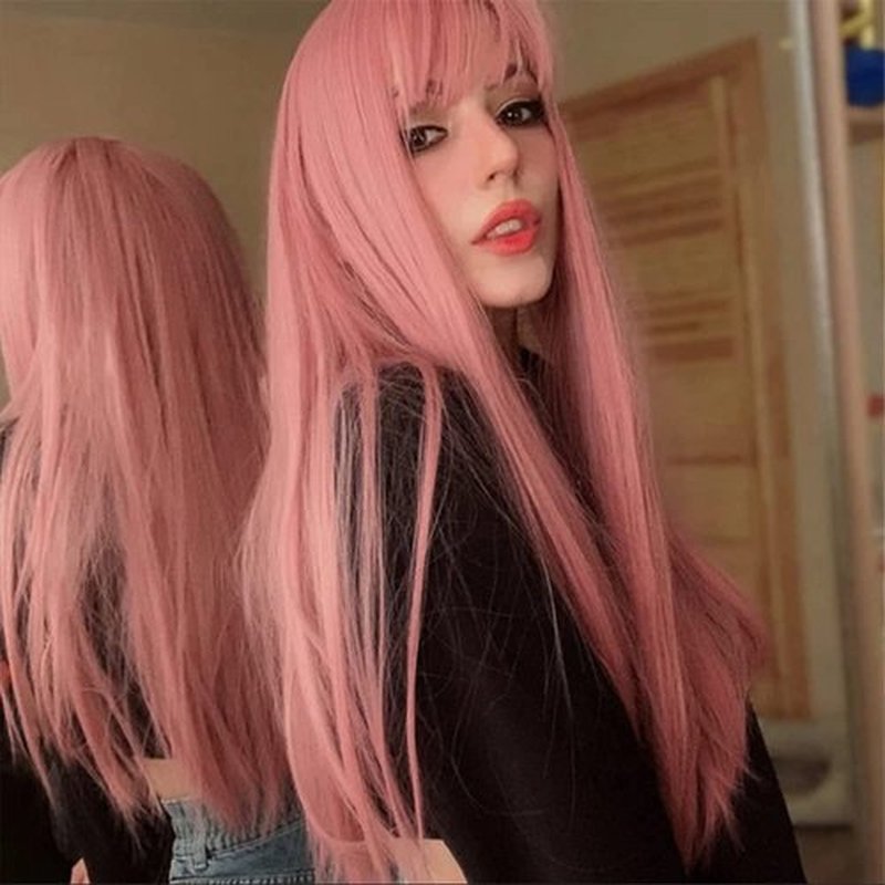 Amarlis Long Pink Wigs for Women, 24 Inch Pink Hair Wig with Bangs Natural Silky Soft Synthetic Heat Resistant Fiber Wigs Hair for Daily Party Use(24 In, Pink)