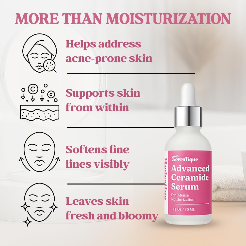 Terrafique Ceramide Serum for Face - Hydrating Face Serum for Women - Anti Aging - Ceramide Barrier Repair with Centella, Vitamin A C E - Anti Aging Serums for Dry Sensitive Skin - 1 Fl Oz - 1 Pack