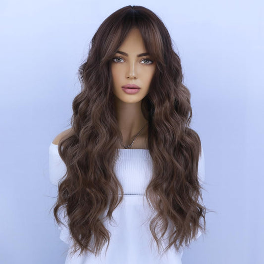 WTHCOS Brown Ombre Wig Long Wavy Hair Wig With Bangs for Women Mixed Brown Ombre Heat Resistant Synthetic Hair Wigs for Daily Use Cosplay Wig With Wig Cap