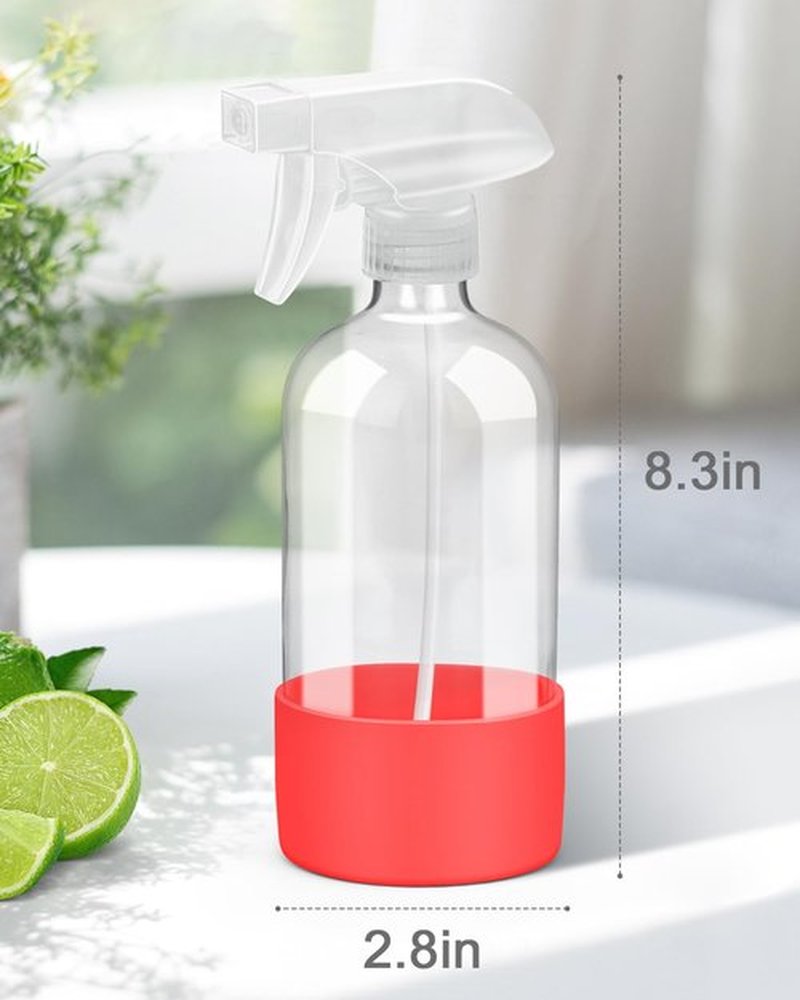 Roinisor Glass Spray Bottles with Silicone Sleeve Protection, Empty 16OZ Reusable Spray Bottles, Refillable Containers with Spray Nozzles for Cleaning Solutions, Plants and Essential Oils 1 Pack Red