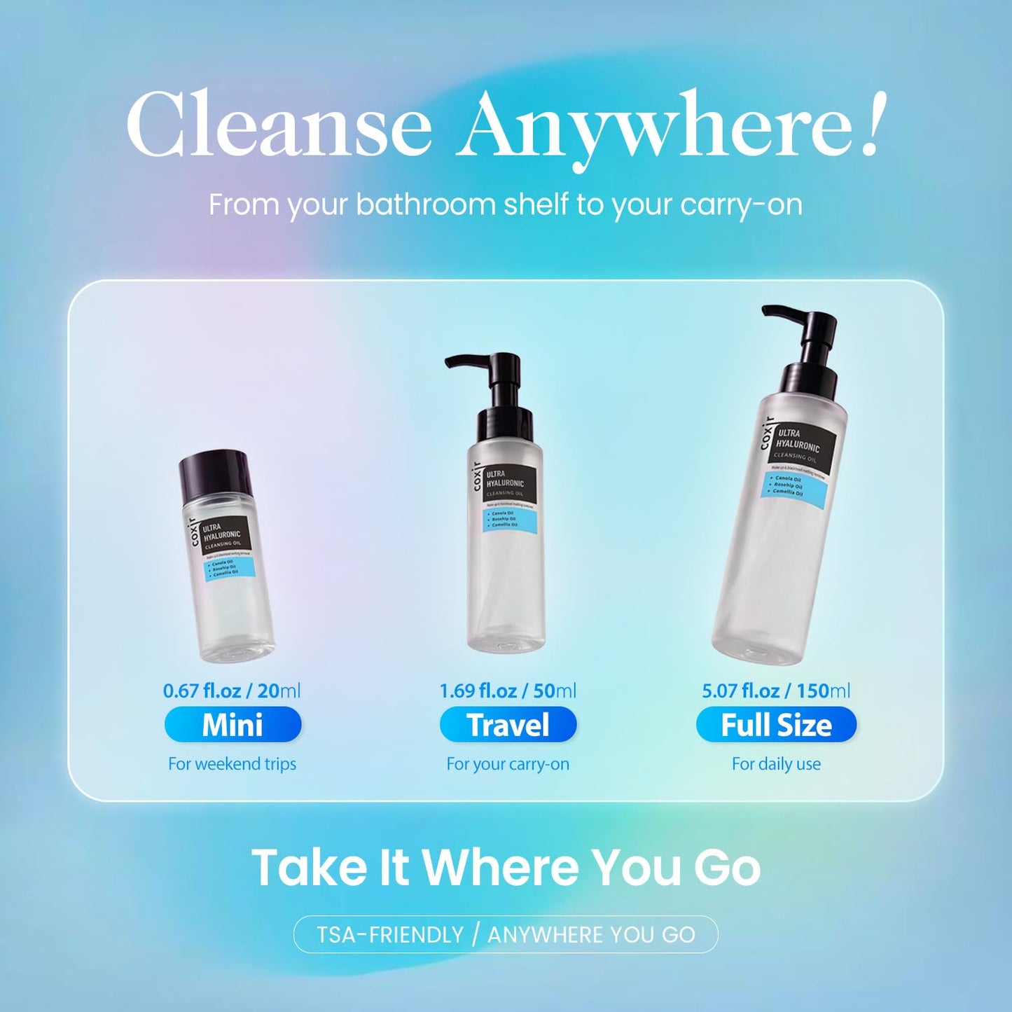coxir Ultra Hyaluronic Cleansing Oil Mini - TSA Friendly Travel Size Korean Oil Cleanser, Gentle Makeup Remover for Summer Travel&Vacation, Hyaluronic Acid [0.67 Fl.oz(pack of 1)]