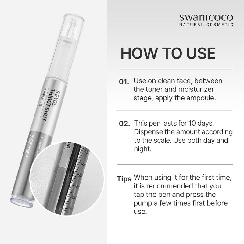 SWANICOCO Revol Thioc Shot Ampoule, 10 Days Anti Aging Care, Cinderella Face Lift, Thioctic Acid, Elasticity, Intense Glow, Hydrate Dry and Rough Skin, Skin Booster, 10ml 0.34 fl Oz