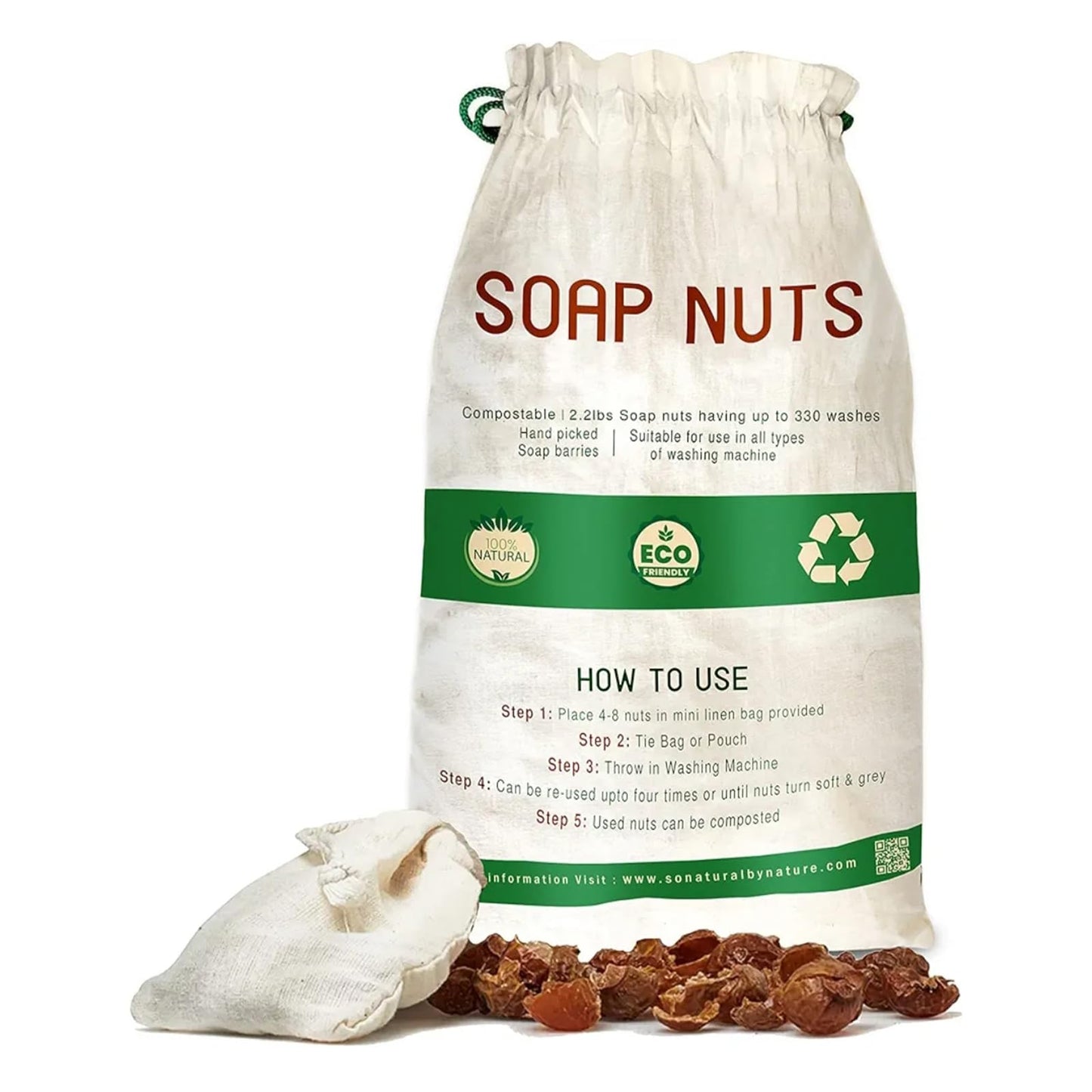SoNatural Organic Soap Nuts Wash Bag Included - Deseeded Soap Berries | Hypoallergenic Laundry Detergent for Sensitive Skin & Baby Clothes| Fragrance & Sulfate-Free Shampoo (1kg / 35.2 oz)