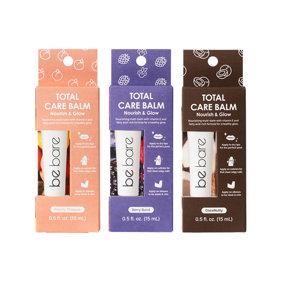 Naisture Be Bare Total Care Balm Variety Pack - Berry Burst, Peachy Pleasure, CocoNutty Nourishing Multi-Balm with Vitamin E for Moisturizing Lips, Nails, Elbows and Dry Skin (3 pc)