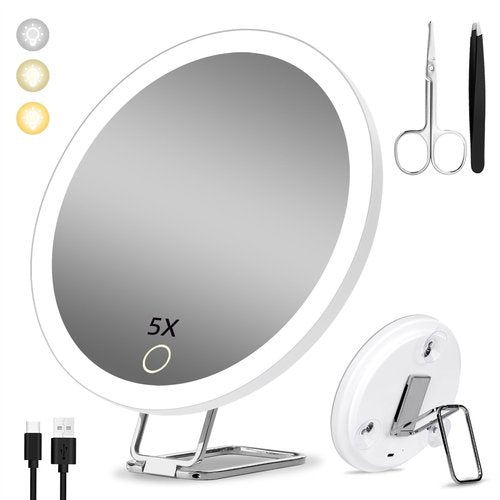 Suupvaor 5X Magnifying Mirror with Light, 3 Color Modes Dimmable Light Large 6'' 5X Lighted Magnified Mirror with Suction Cups & Table Stand, Travel Magnifying Mirror 5X with Tweezers & Scissors
