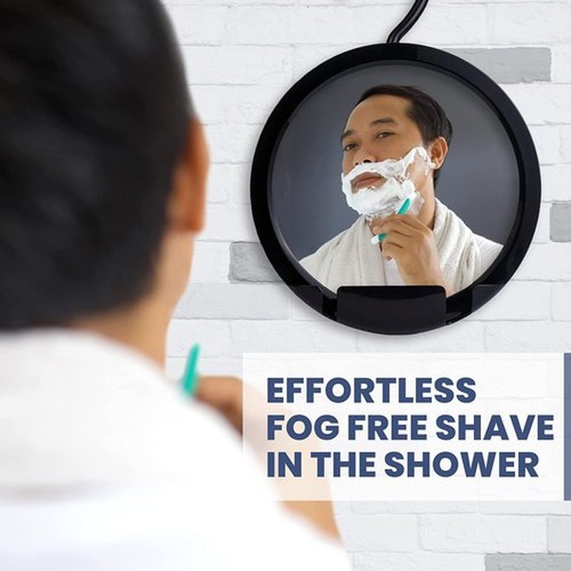 MIRRORVANA Dual Anti Fog Shower Mirror for Shaving with Hook for Hanging and Fogless Shatterproof Surface - Fill Back Chamber/Reservoir with Hot Water for Fog Free Shave (8" Diameter, Black)