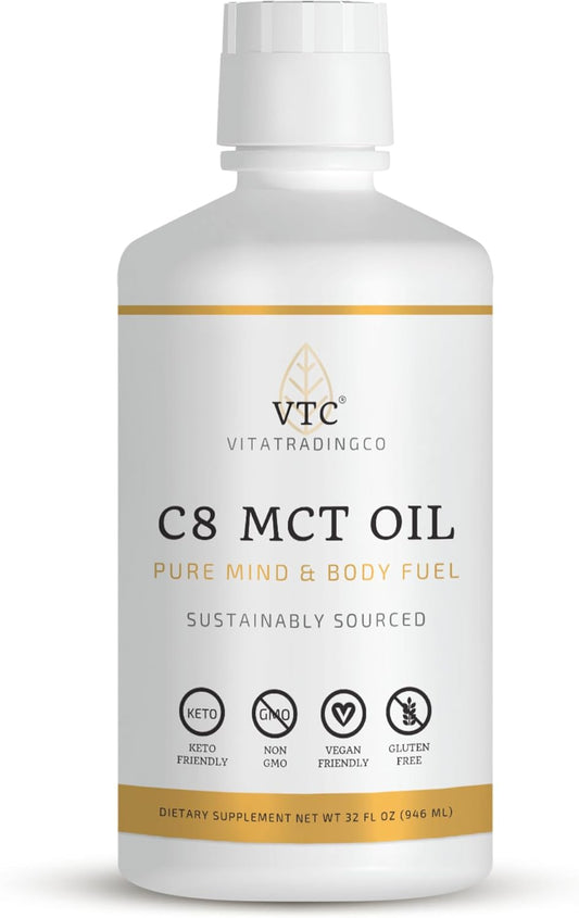 100% Pure C8 MCT Oil - 3X Distilled Caprylic Acid for Clean Energy | Non-GMO, Paleo, Keto | 32oz, 64 Servings